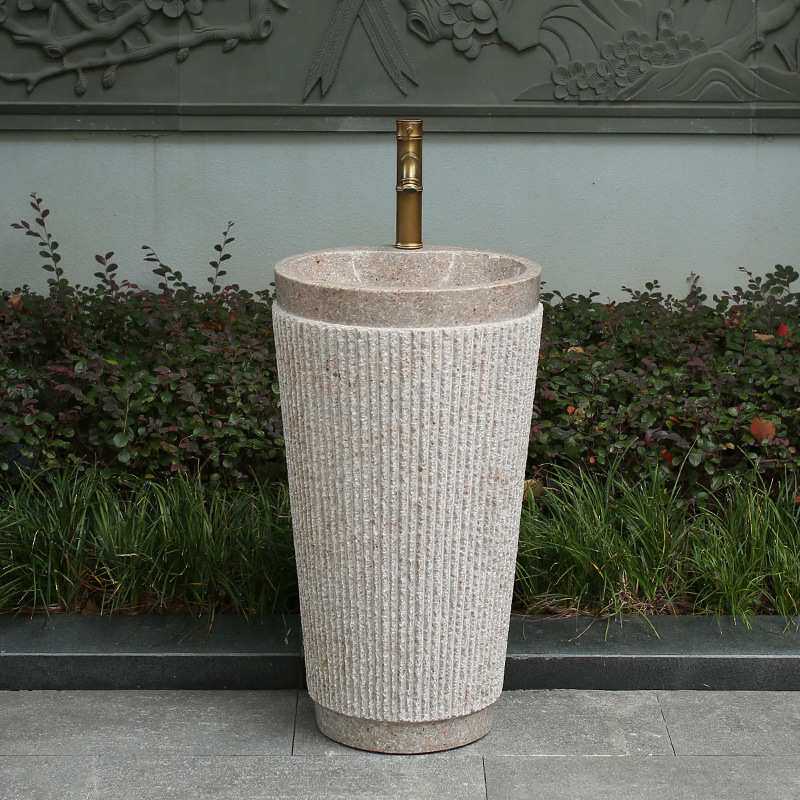 大理石洗手台盆一体落地式立柱盆户外石头水槽庭院子水池室外圆形