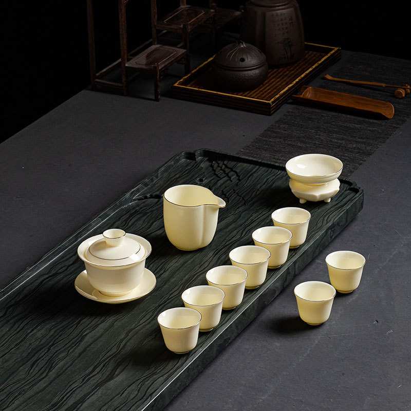 羊脂玉瓷家用客厅黄宝石功夫茶具套装三才盖碗茶壶泡茶器LOGO订制