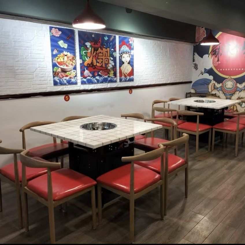 商用大理石市井火锅桌无烟电磁炉煤气灶一体饭店串串火锅桌椅组合