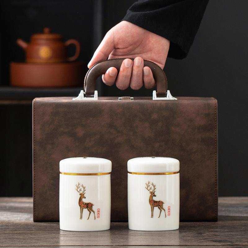 高端手提皮盒便携陶瓷茶叶罐小号密封罐白毫银针茶叶包装盒空礼盒