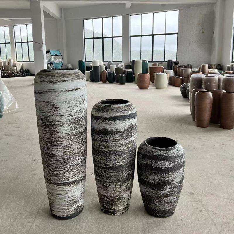 粗陶复古景德镇酒店落地大陶罐陶瓷花插仿真花艺花瓶装饰摆件套装