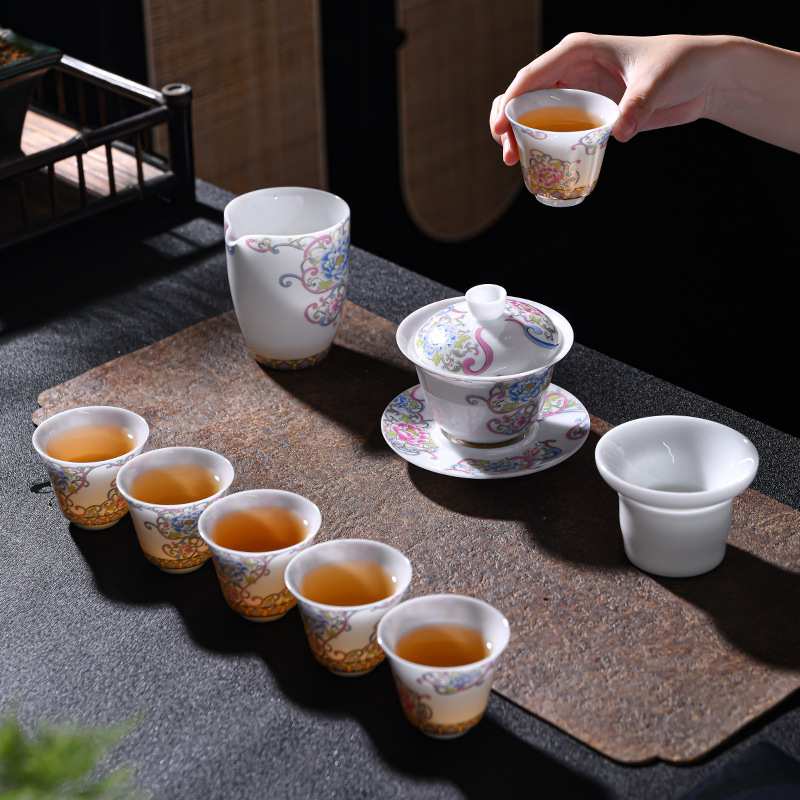 薄胎羊脂玉冰种白瓷功夫茶具整套装中式盖碗茶杯家用高档礼盒装