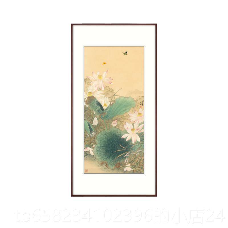 高档国画花鸟画映荷花日竖幅中装玄关饰画书房客厅走廊式挂画壁画