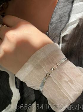 高档Tyusha高质感*冷淡风S925搭纯银锤面手镯好配简表带级约手链3