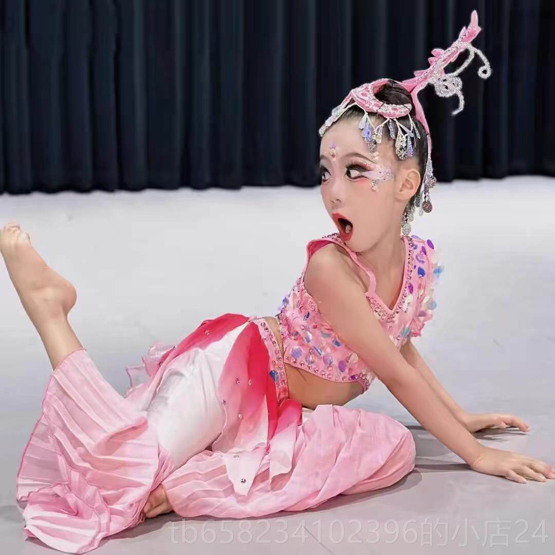 高档鱼儿欢歌舞台蹈演服唧唧鱼儿跃幼出儿肚皮群儿舞童傣族舞表演