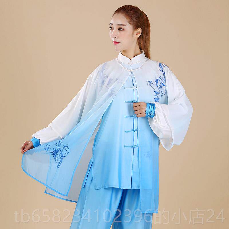 新款刺纱太极服青花团队瓷武术表演练功晨练演出服中老年绣太极拳