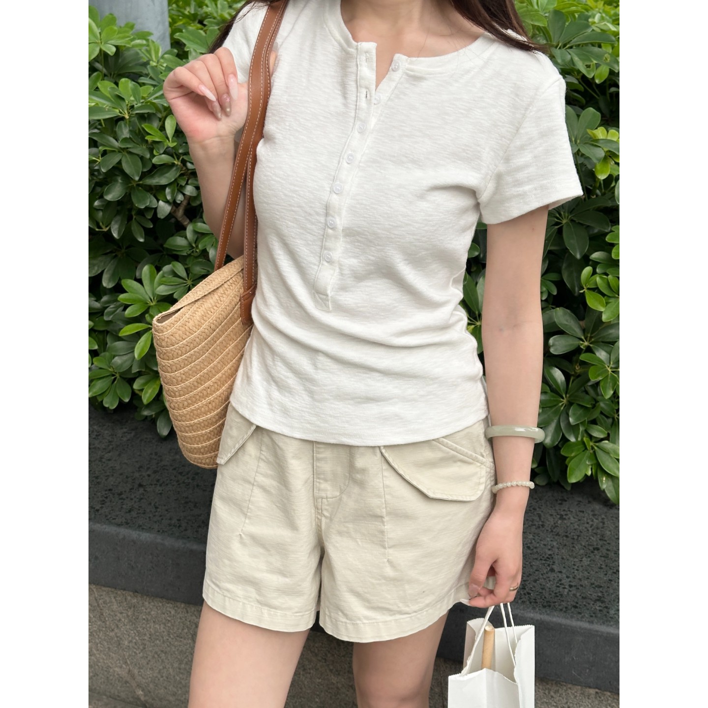 韩系基础款夏季薄款T恤女修身亨利领短袖竹节棉麻T恤百搭白上衣