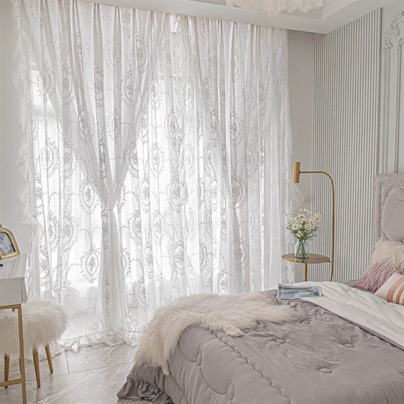 法式复古白色蕾丝公主风少女双层纱帘透光不透人卧室飘窗窗帘布帘