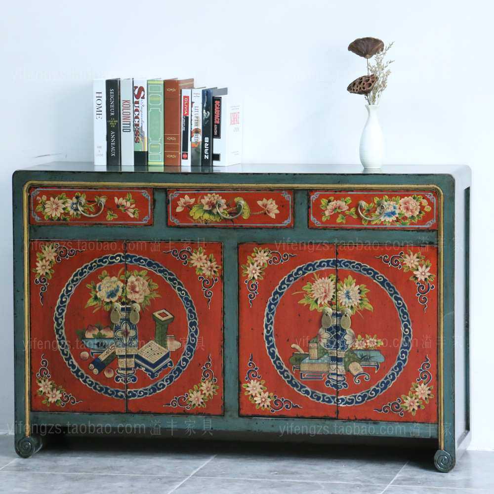 彩绘玄关柜新古典实木整体门厅柜餐边柜中式手绘做旧复古装饰鞋柜,3C数码配件,摄像机配件,淘宝优惠券,粉丝福利购,淘宝优惠卷