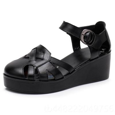 正品2025新款夏季妈松糕厚底妈包头凉真鞋女韩版坡跟跟中舒适皮罗