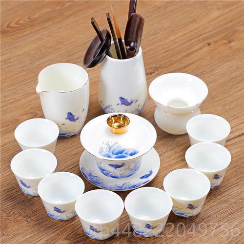 正品羊脂玉白瓷夫功茶具奢高档轻套装陶家用海浪描金盖碗泡瓷茶壶