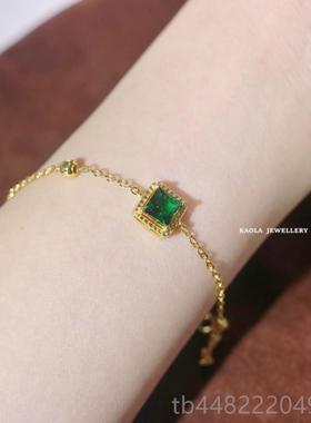 正品祖绿方糖手镯妇女的黄纯银祖母绿方单钻石手金镯轻豪华法国覆