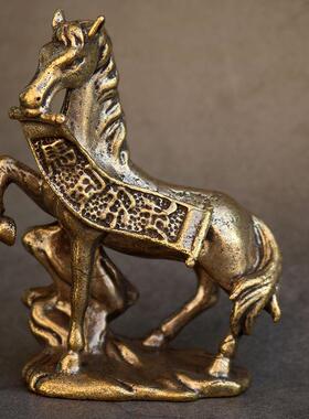 复古实心纯黄铜办公桌面车载小摆件马到成功茶宠工艺品手把玩件