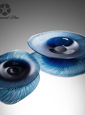 钻石星时尚彩色玻璃果盘摆件酒店前台摆件艺术品软装大果盘碟