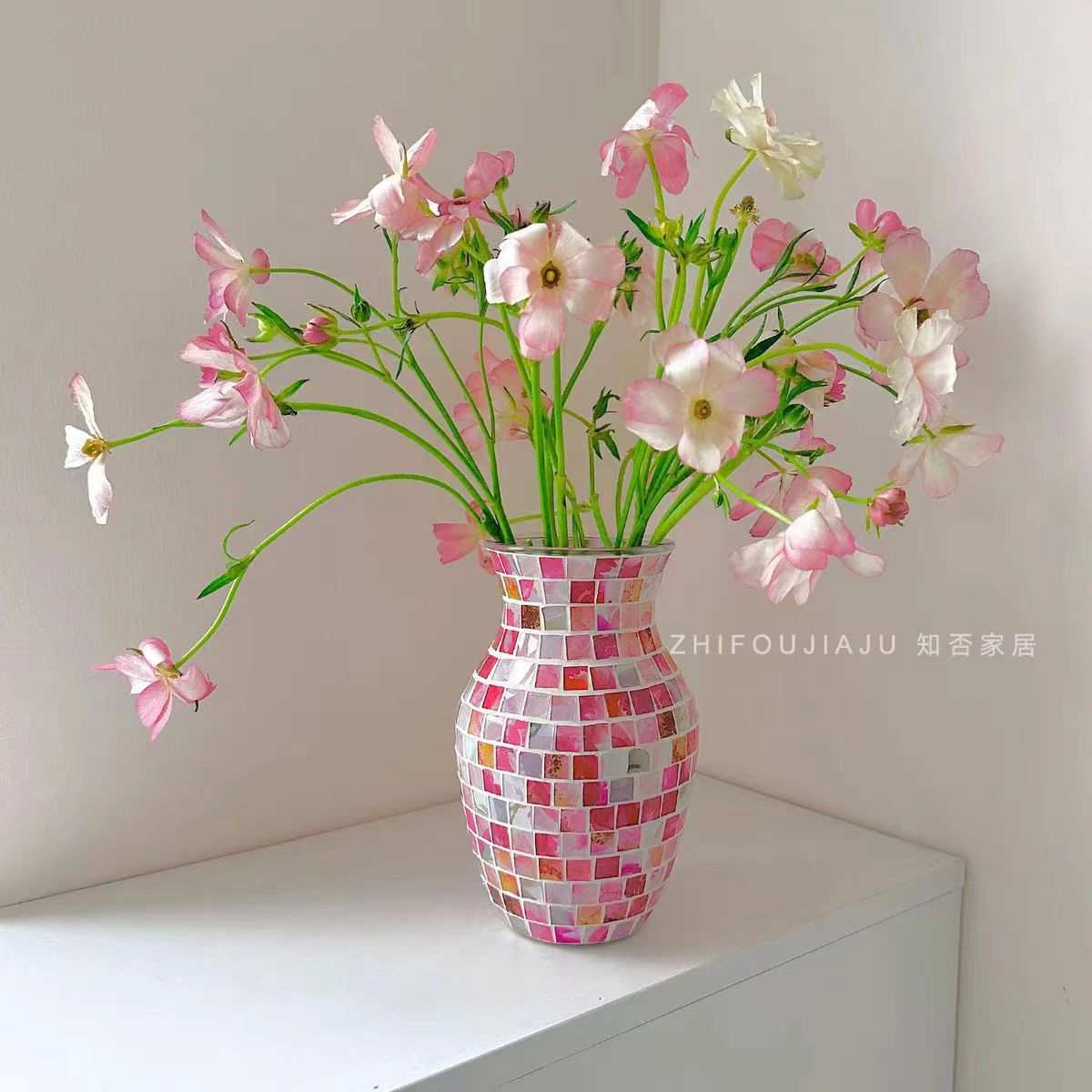 北欧风马赛克多彩轻奢家居装饰品 水养花插花器 玻璃粉花瓶