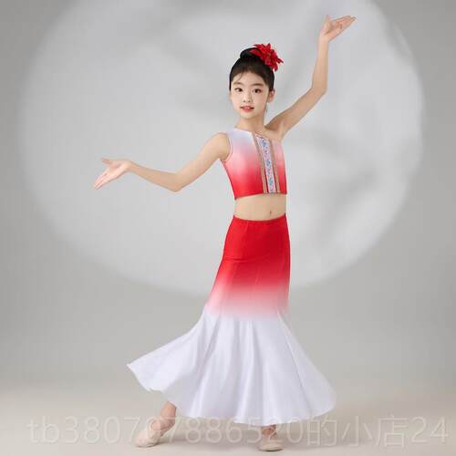 高档童儿表童舞蹈演出服民族女演孔雀舞鱼尾裙半身裙服包臀舞蹈练