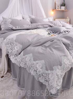 高档in床s网红床四件套纯裙棉全棉白色被套蕾丝床公主风春单夏上