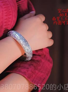 高档红银覆古镯银手99银女手盛工浮雕实心民族风放纯牡丹开口银镯