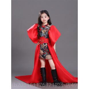 正品儿国潮女童旗袍红色出尾服中式童模特走秀演2025年新款国风拖