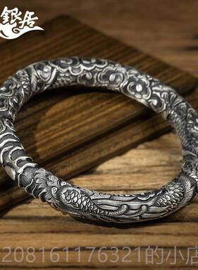 正品祥银居云南雪花银 原高创设计穿云龙足银工手镯古法做旧雕浮.
