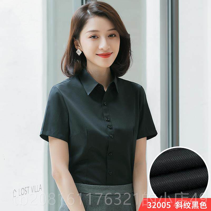 正品夏女季方领简单工作短袖纯色士作商务正式工服浅蓝色衬衫作修