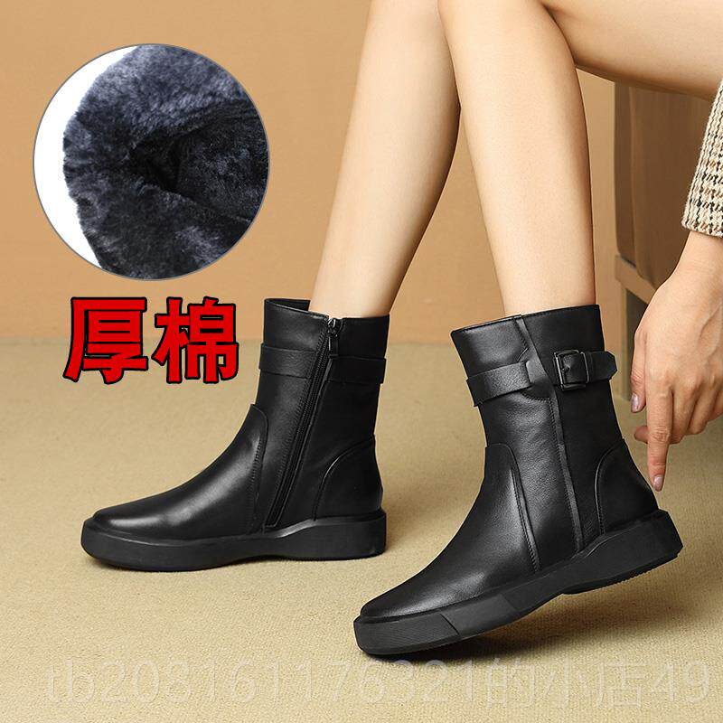 正品2024冬季款羊毛女短平底真皮马靴丁靴大码女靴加绒秋新单春靴
