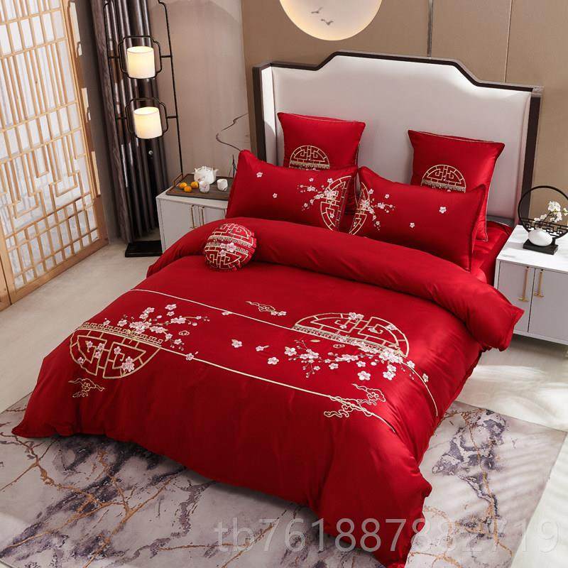 新款新中式纯棉四件结婚上用床品绣红色婚庆被套床套单乔迁过年刺