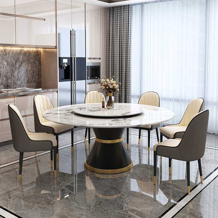 北欧大理石餐桌后现代简约轻奢实木圆桌带转盘餐厅岩板餐桌椅组合