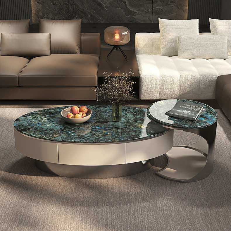 天然大理石茶几客厅家用意式轻奢椭圆形大小组合茶几客厅茶几新款