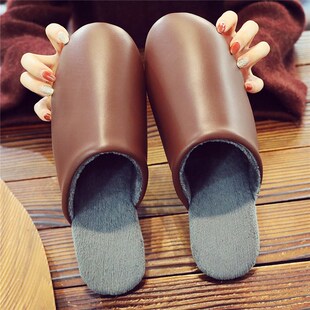 皮拖鞋居家室内女厚底防水防滑保暖家用皮面棉拖鞋冬季男logo定制