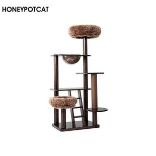 蜜罐猫 猫爬架 猫窝猫树一体 黑胡桃木色漆面实木猫架 H210907pro