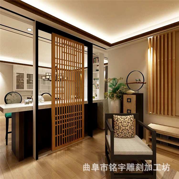 酒店大堂展览馆客厅新中式玄关花格榫卯隔断中式客厅镂空实木屏风
