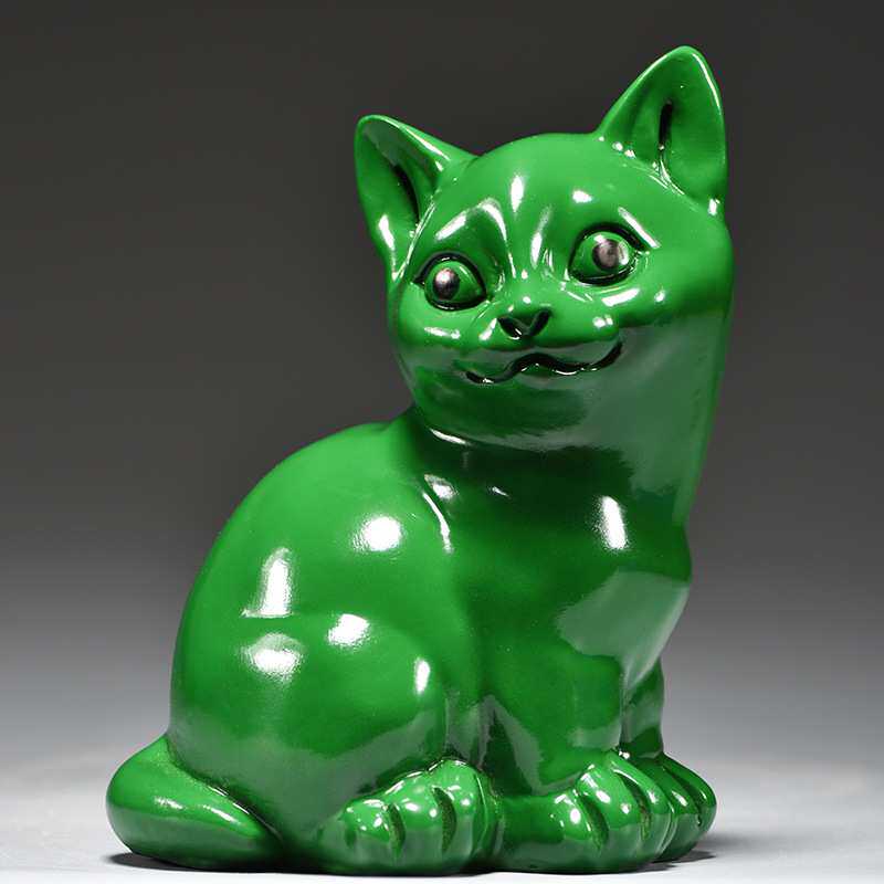 绿色实木质猫咪雕刻摆件动物猫家居客厅房屋补角吉祥物装饰工艺品