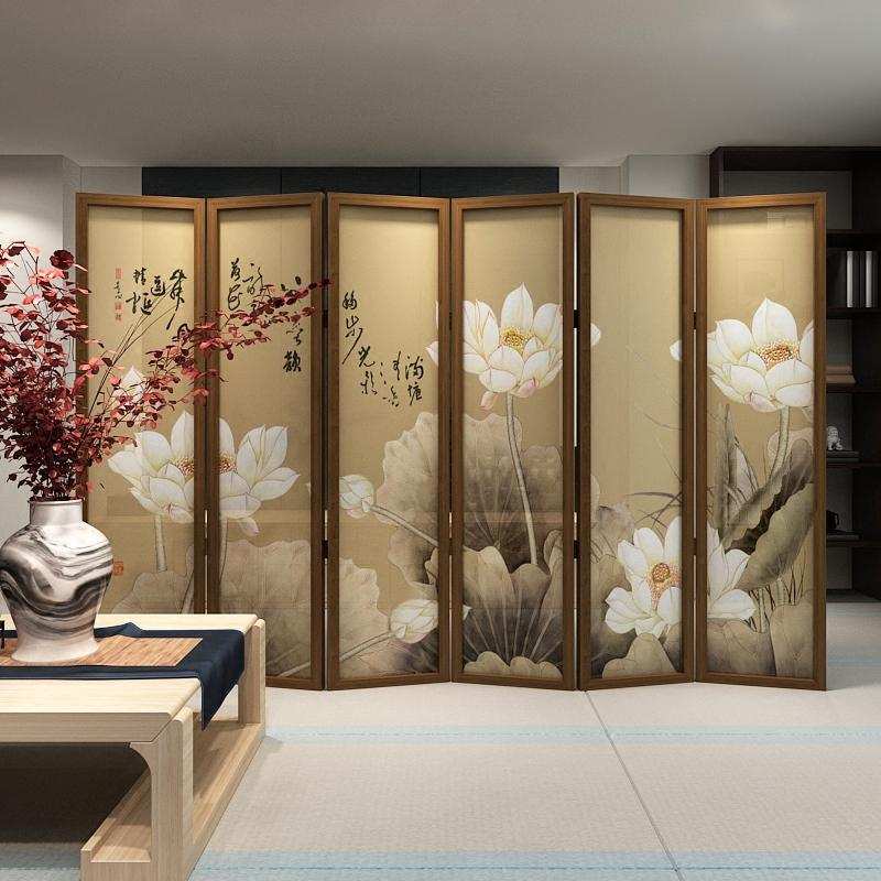 中式屏风隔断时尚客厅酒店卧室办公中式玄关半透折叠荷花折屏双面
