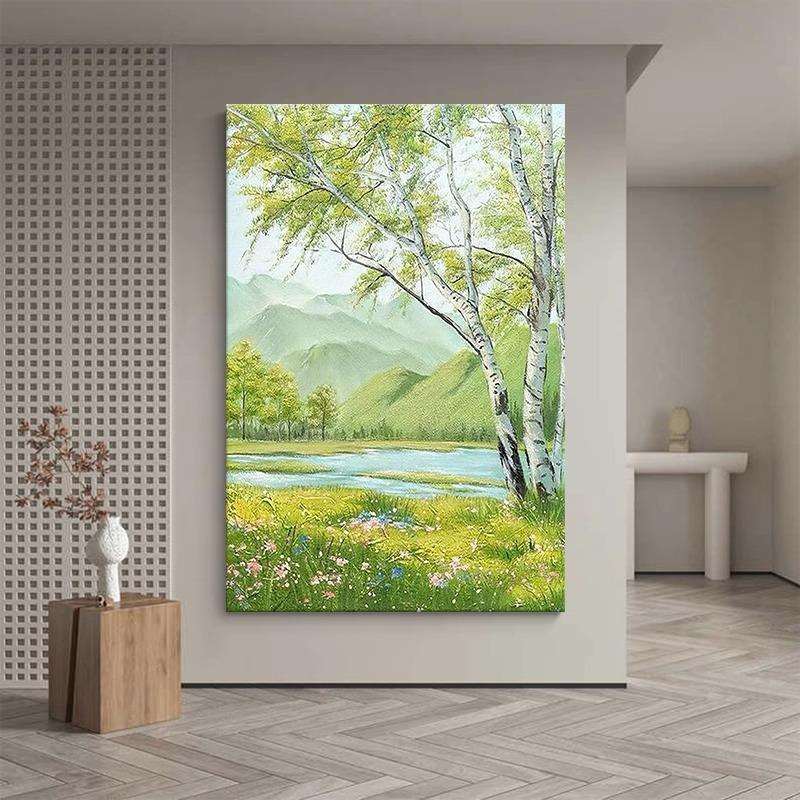 白桦树山水风景客厅装饰画意式纯手绘油画玄关挂画正对门入户壁画