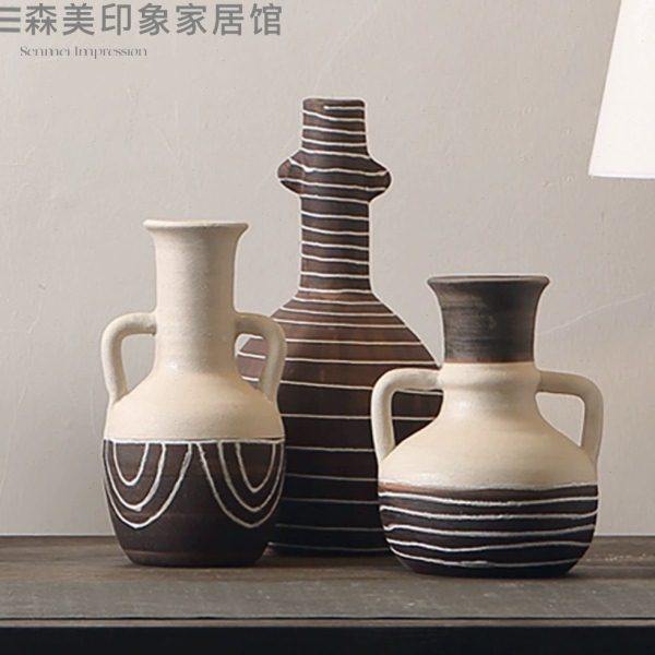 侘寂风艺术花瓶纯手工双耳陶艺咖色花器民宿客厅书房装饰干花插器,家居饰品,花瓶,淘宝优惠券,粉丝福利购,淘宝优惠卷
