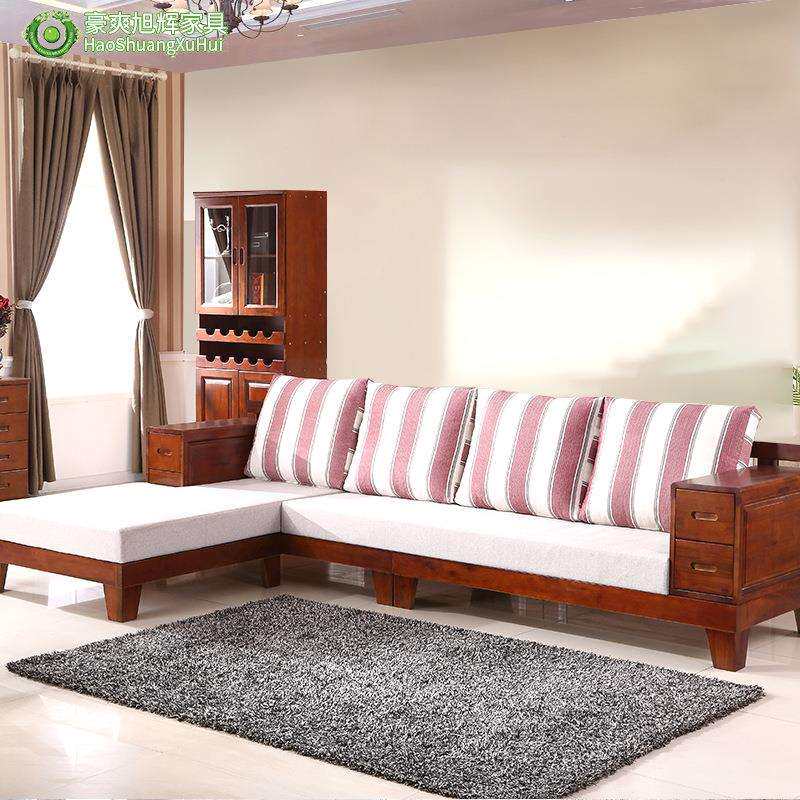 实木沙发组合贵妃带转角布艺沙发床客厅香樟木家具L形组合新中式