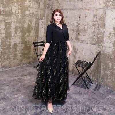 正品码晚大礼服m女胖m宴会主持年会出服2024新款加演肥加大黑性感