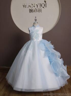 正品简约婉亦琪女童礼服国儿潮蓝色生日古童筝无袖季主夏持礼服演