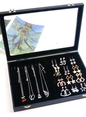 首饰盒大号黑色戒项炼吊耳环指WAV手饰纳盒托 托盘带盖子坠格子珠