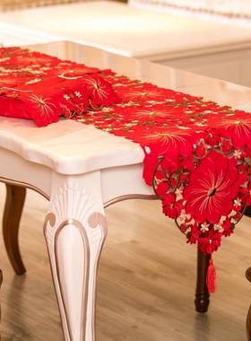 茶巾桌旗欧式餐桌旗饭桌布艺刺庆结婚绣盖喜布花大刺绣红色电视几