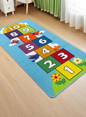 跳捷成毯天蓝色地毯地垫幼儿园儿蓝跳童戏格子卧室房子可机洗地数