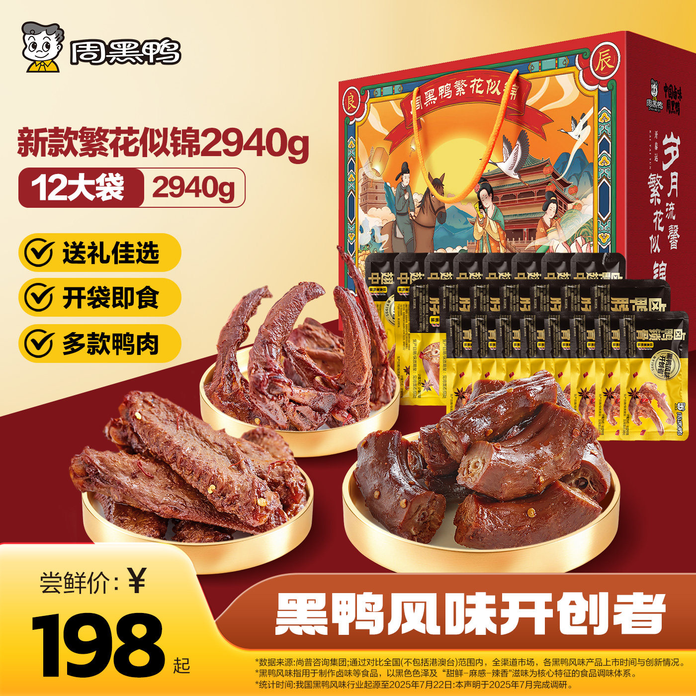 【周黑鸭官方旗舰店】繁花似锦礼盒鸭脖鸭锁骨鸭货卤味零食大礼包