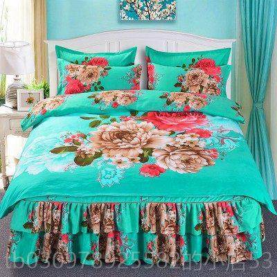 高档婚庆大红床裙式件套结婚喜庆套棉斜纹磨毛双人床罩被四床上纯