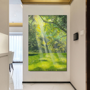 客厅丁达尔效应手绘油画绿色树木森林风景装饰画玄关丙烯肌理挂画
