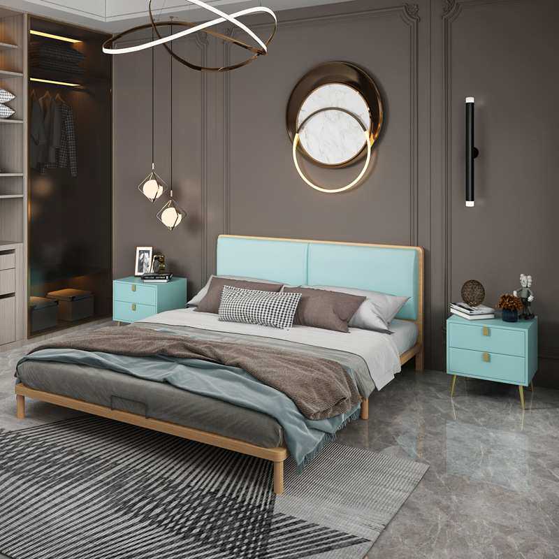 床1.8米主卧婚床现代简约小户型北欧双人床皮床皮艺大床天蓝色
