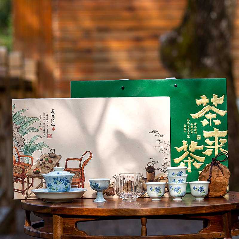 手绘蓝风铃套组陶瓷功夫茶具三才盖碗整套中式茶器礼盒装商务送礼