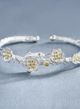 正品气质中国风计简约清新S925银枝干樱纯花手镯女文开设口手环艺