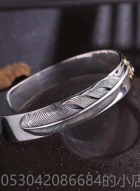 正品S格925银复手手工银高桥吾郎风羽毛分牌手镯男士开口古镯子潮