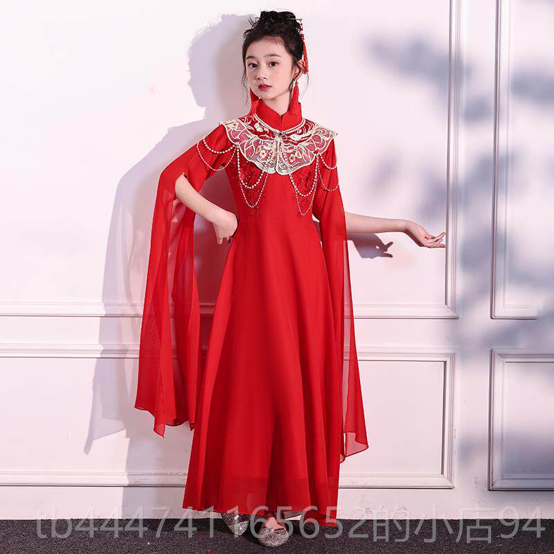 高档女童高儿端古筝出服童成人红钢琴长版飘逸演披肩表演礼服中国